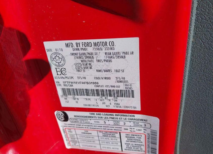 Photo 9 of 2010 Ford F-150 FX4/HARLEY-DAVIDSON/KING RANCH/LARIAT/PLATINUM/XL/XLT (VIN 1FTFW1EV7AFB31959)