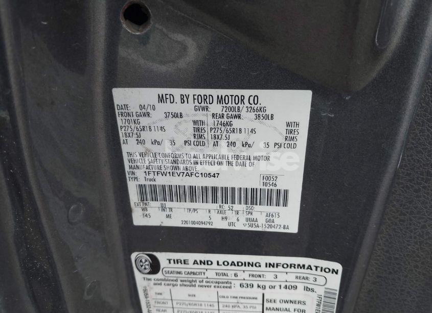 Photo 9 of 2010 Ford F-150 FX4/HARLEY-DAVIDSON/KING RANCH/LARIAT/PLATINUM/XL/XLT (VIN 1FTFW1EV7AFC10547)