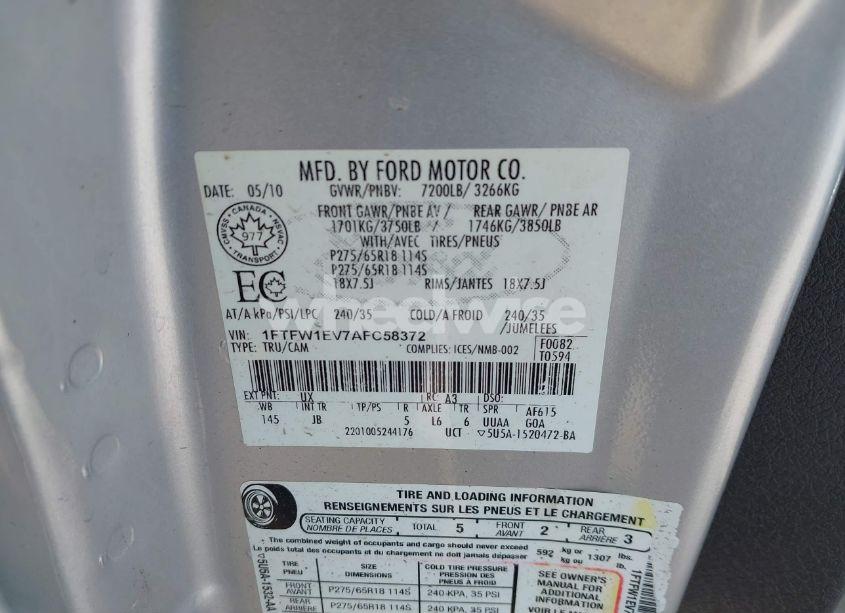 Photo 9 of 2010 Ford F-150 FX4 (VIN 1FTFW1EV7AFC58372)