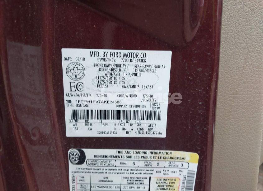 Photo 9 of 2010 Ford F-150 FX4/HARLEY-DAVIDSON/KING RANCH/LARIAT/PLATINUM/XL/XLT (VIN 1FTFW1EV7AKE24686)