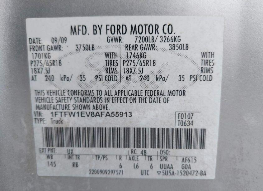 Photo 9 of 2010 Ford F-150 FX4/HARLEY-DAVIDSON/KING RANCH/LARIAT/PLATINUM/XL/XLT (VIN 1FTFW1EV8AFA55913)