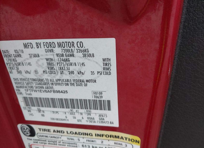 Photo 9 of 2010 Ford F-150 FX4 (VIN 1FTFW1EV8AFB98425)