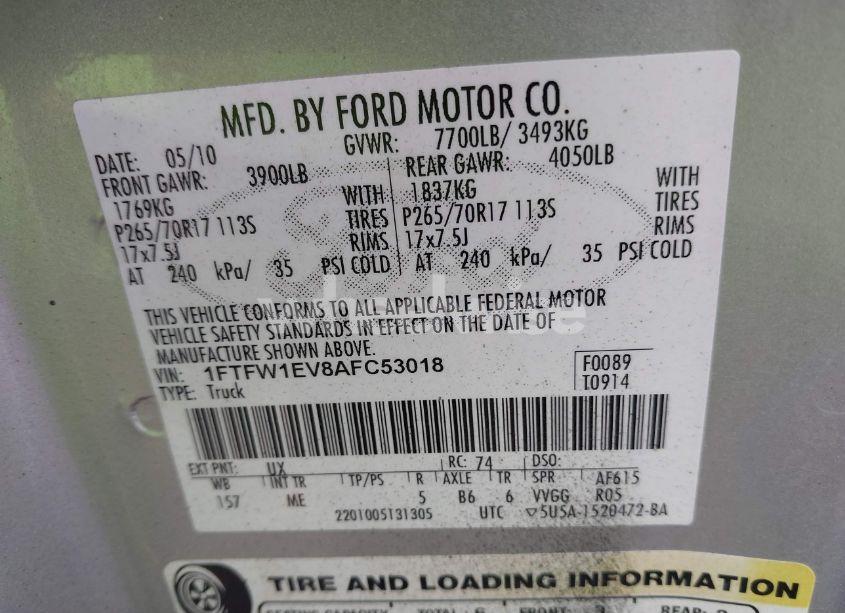 Photo 9 of 2010 Ford F-150 FX4/HARLEY-DAVIDSON/KING RANCH/LARIAT/PLATINUM/XL/XLT (VIN 1FTFW1EV8AFC53018)