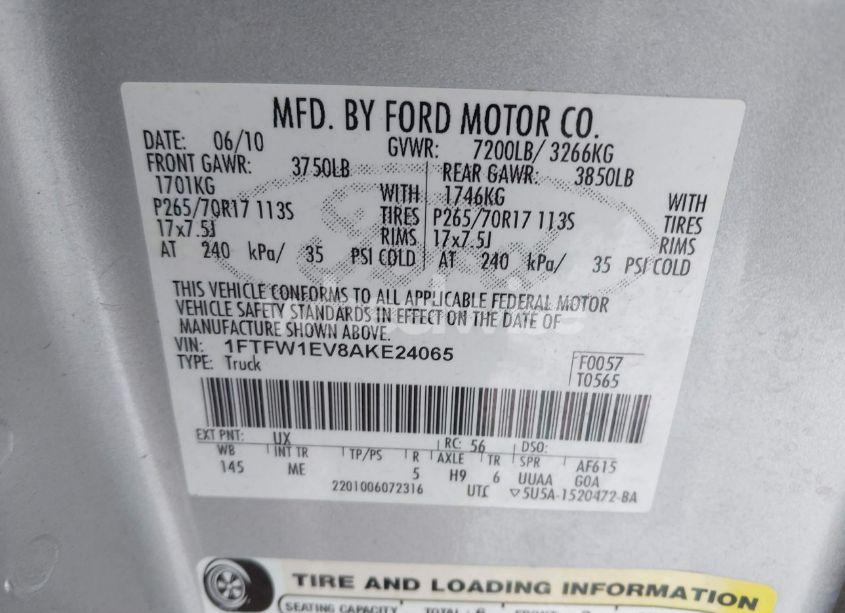 Photo 9 of 2010 Ford F-150 FX4/HARLEY-DAVIDSON/KING RANCH/LARIAT/PLATINUM/XL/XLT (VIN 1FTFW1EV8AKE24065)