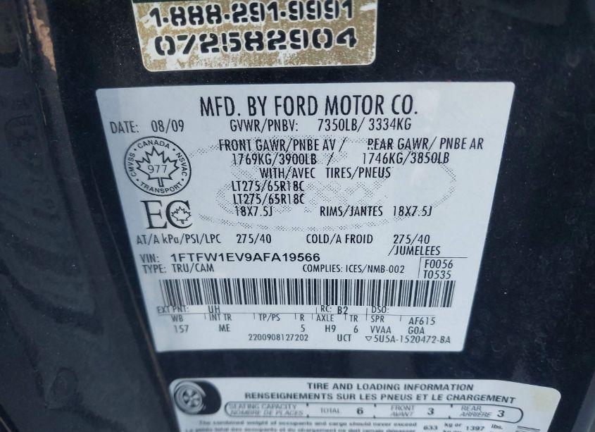 Photo 9 of 2010 Ford F-150 FX4/HARLEY-DAVIDSON/KING RANCH/LARIAT/PLATINUM/XL/XLT (VIN 1FTFW1EV9AFA19566)