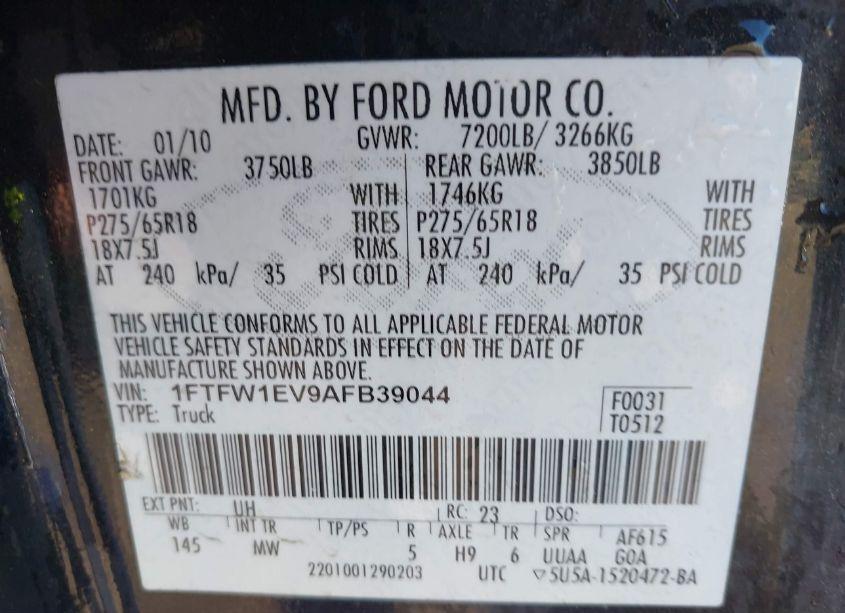 Photo 9 of 2010 Ford F-150 FX4/HARLEY-DAVIDSON/KING RANCH/LARIAT/PLATINUM/XL/XLT (VIN 1FTFW1EV9AFB39044)