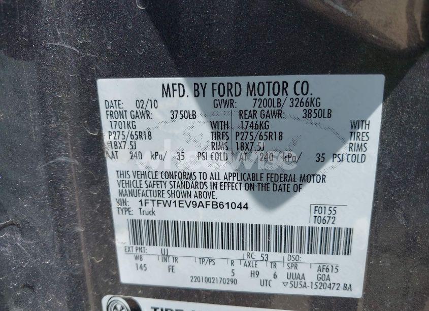 Photo 9 of 2010 Ford F-150 FX4/HARLEY-DAVIDSON/LARIAT/XL/XLT (VIN 1FTFW1EV9AFB61044)