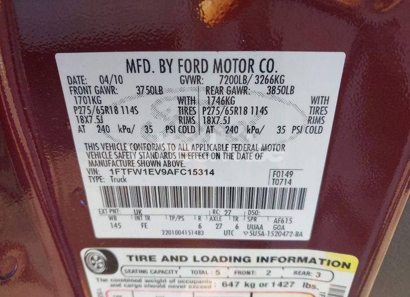 Photo 9 of 2010 Ford F-150 FX4/HARLEY-DAVIDSON/KING RANCH/LARIAT/PLATINUM/XL/XLT (VIN 1FTFW1EV9AFC15314)