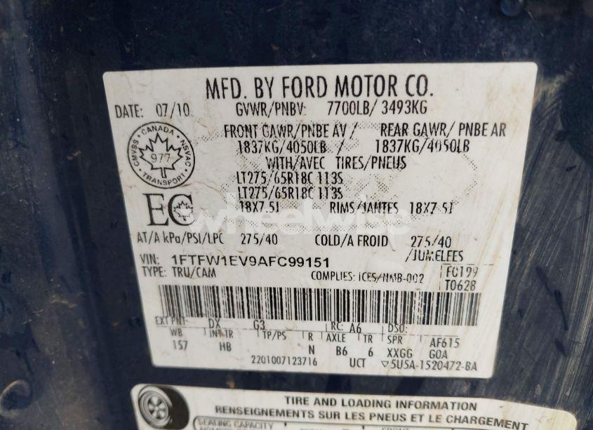 Photo 9 of 2010 Ford F-150 FX4/HARLEY-DAVIDSON/KING RANCH/LARIAT/PLATINUM/XL/XLT (VIN 1FTFW1EV9AFC99151)