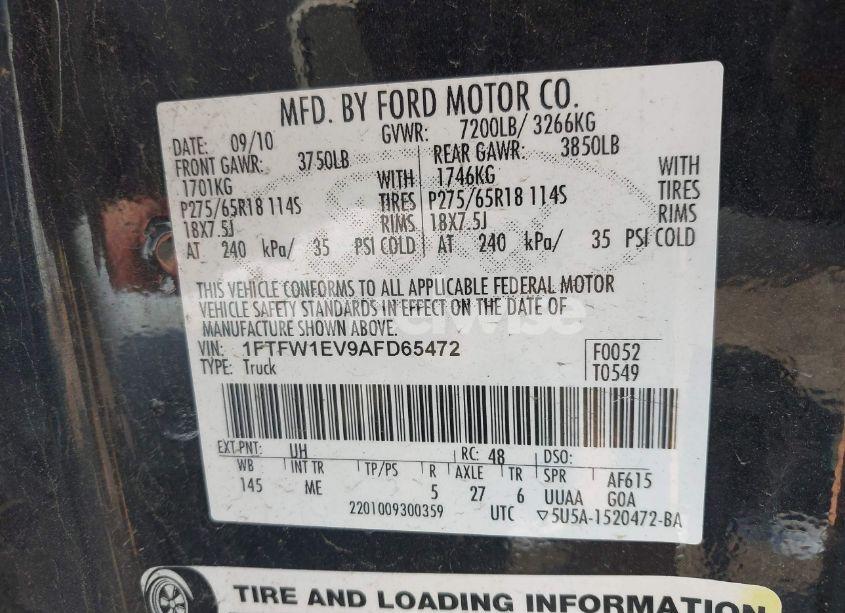 Photo 9 of 2010 Ford F-150 FX4/HARLEY-DAVIDSON/KING RANCH/LARIAT/PLATINUM/XL/XLT (VIN 1FTFW1EV9AFD65472)