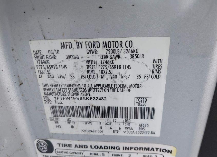 Photo 9 of 2010 Ford F-150 FX4/HARLEY-DAVIDSON/KING RANCH/LARIAT/PLATINUM/XL/XLT (VIN 1FTFW1EV9AKE32482)