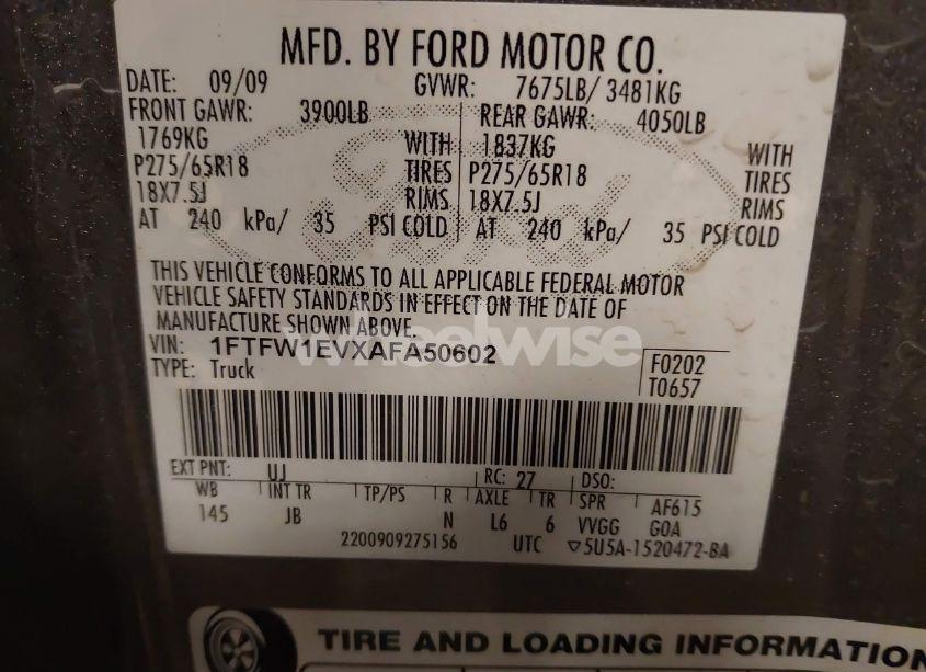 Photo 9 of 2010 Ford F-150 FX4/HARLEY-DAVIDSON/KING RANCH/LARIAT/PLATINUM/XL/XLT (VIN 1FTFW1EVXAFA50602)