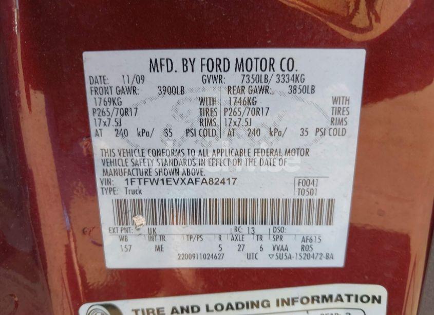 Photo 9 of 2010 Ford F-150 FX4/HARLEY-DAVIDSON/KING RANCH/LARIAT/PLATINUM/XL/XLT (VIN 1FTFW1EVXAFA82417)