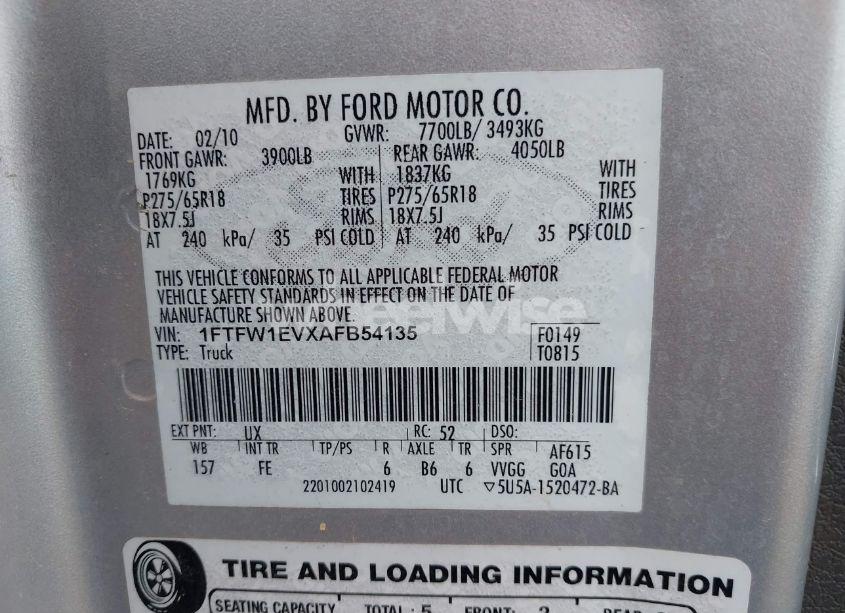 Photo 9 of 2010 Ford F-150 (VIN 1FTFW1EVXAFB54135)