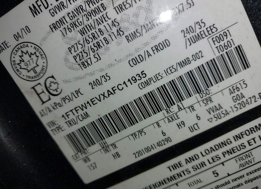 Photo 9 of 2010 Ford F-150 FX4/HARLEY-DAVIDSON/KING RANCH/LARIAT/PLATINUM/XL/XLT (VIN 1FTFW1EVXAFC11935)