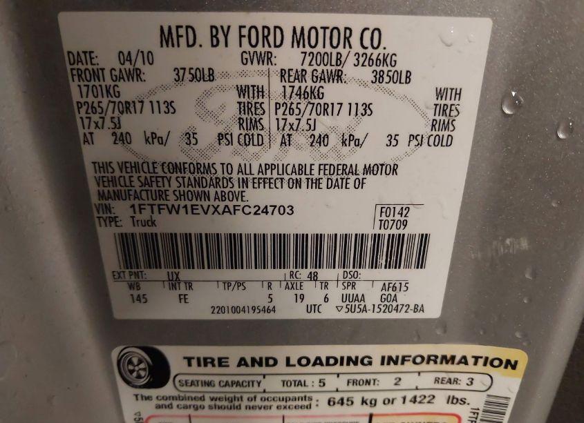 Photo 9 of 2010 Ford F-150 FX4/HARLEY-DAVIDSON/KING RANCH/LARIAT/PLATINUM/XL/XLT (VIN 1FTFW1EVXAFC24703)