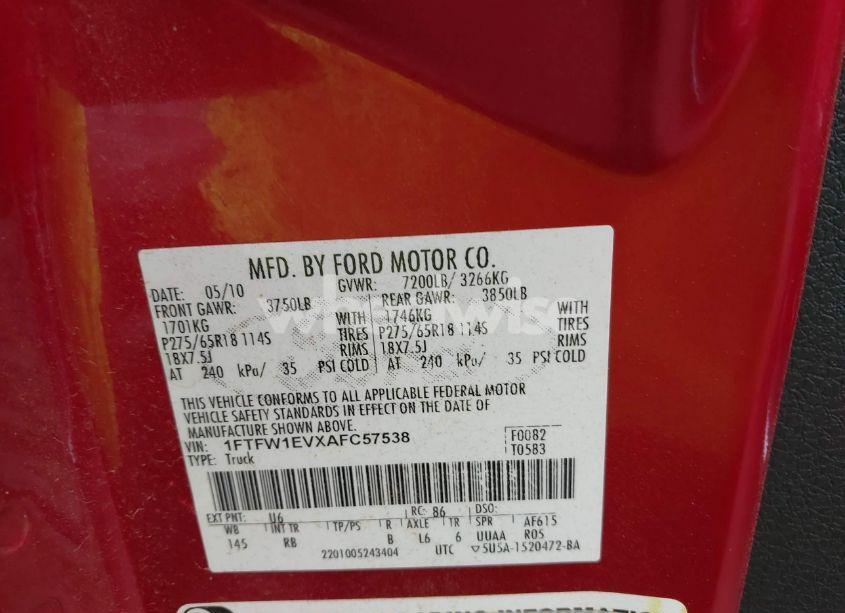 Photo 9 of 2010 Ford F-150 FX4/HARLEY-DAVIDSON/KING RANCH/LARIAT/PLATINUM/XL/XLT (VIN 1FTFW1EVXAFC57538)
