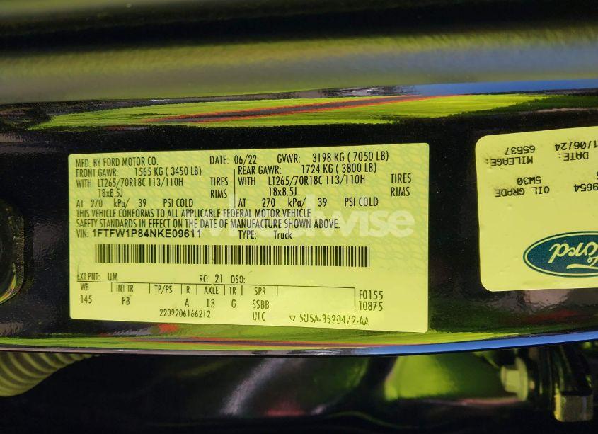 Photo 9 of 2022 Ford F-150 POLICE RESPONDER XL (VIN 1FTFW1P84NKE09611)