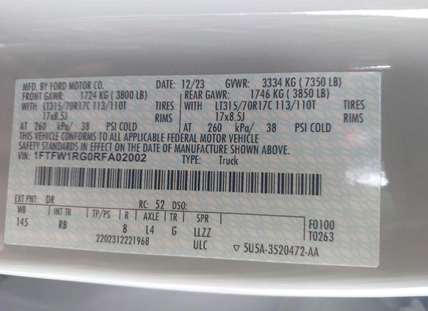 Photo 9 of 2024 Ford F-150 RAPTOR (VIN 1FTFW1RG0RFA02002)