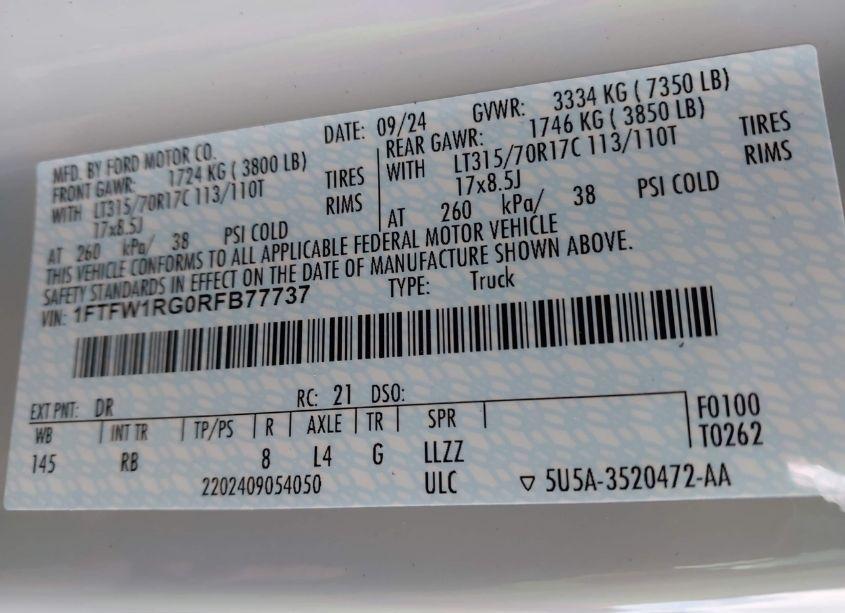 Photo 9 of 2024 Ford F-150 RAPTOR (VIN 1FTFW1RG0RFB77737)