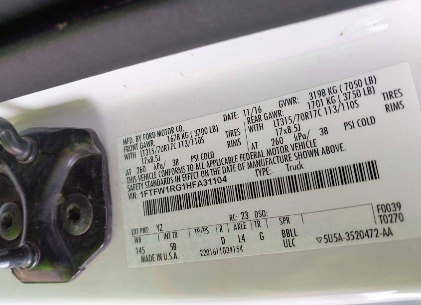 Photo 9 of 2017 Ford F-150 RAPTOR (VIN 1FTFW1RG1HFA31104)