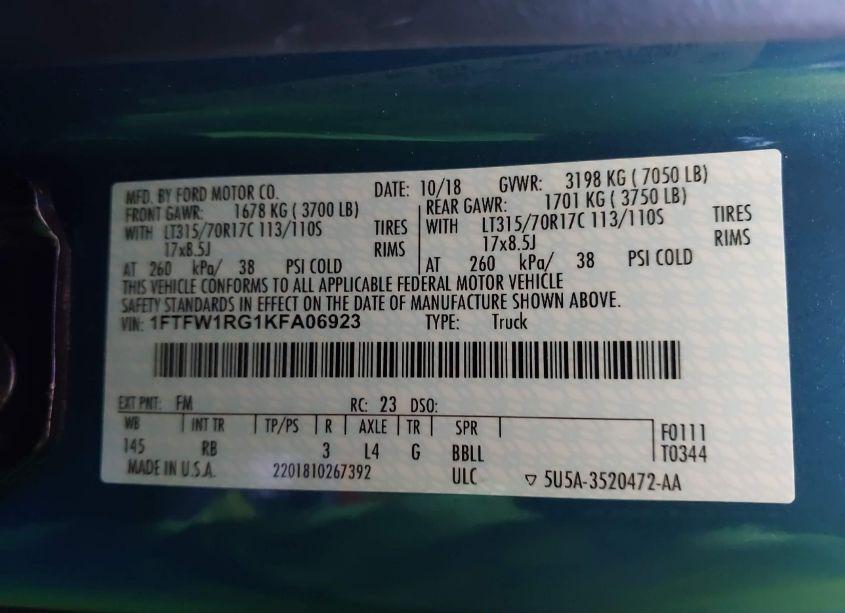 Photo 9 of 2019 Ford F-150 RAPTOR (VIN 1FTFW1RG1KFA06923)