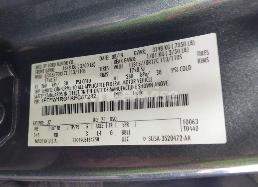 Photo 9 of 2019 Ford F-150 RAPTOR (VIN 1FTFW1RG1KFC87282)