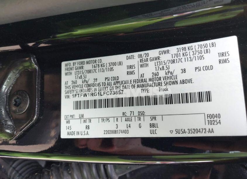 Photo 9 of 2020 Ford F-150 RAPTOR (VIN 1FTFW1RG1LFC73657)