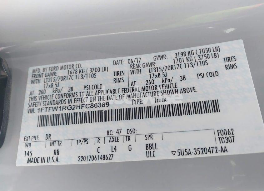 Photo 9 of 2017 Ford F-150 RAPTOR (VIN 1FTFW1RG2HFC86389)