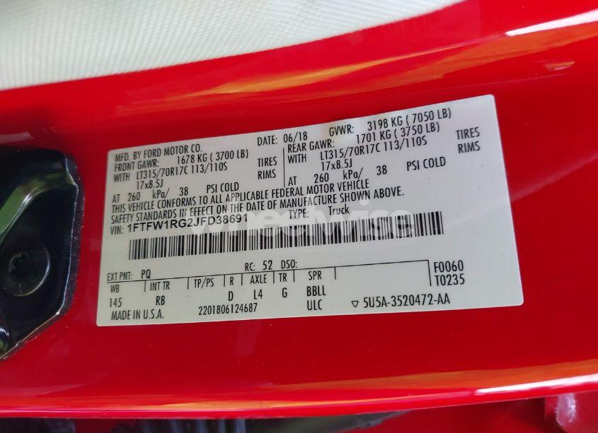 Photo 9 of 2018 Ford F-150 RAPTOR (VIN 1FTFW1RG2JFD38691)
