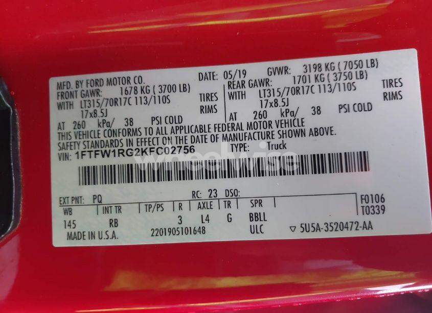 Photo 9 of 2019 Ford F-150 RAPTOR (VIN 1FTFW1RG2KFC02756)