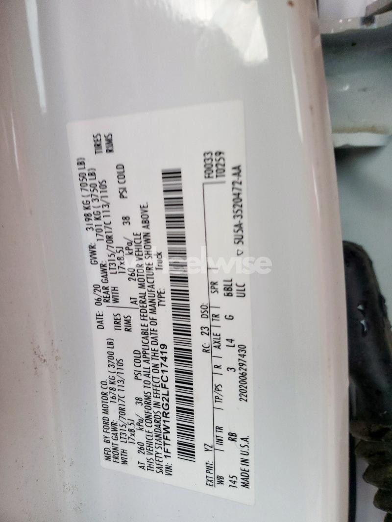 Photo 5 of 2020 FORD F150 RAPTOR (VIN 1FTFW1RG2LFC17419)