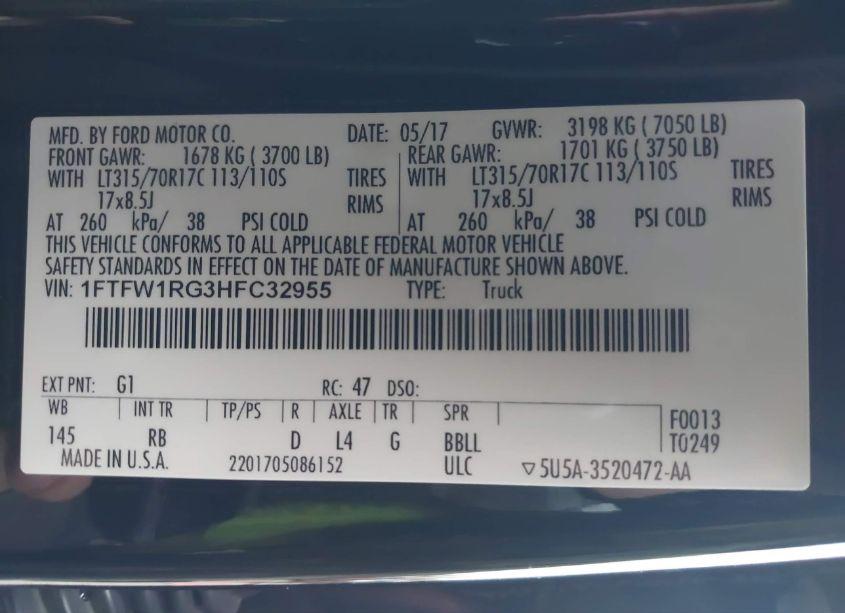 Photo 9 of 2017 Ford F-150 RAPTOR (VIN 1FTFW1RG3HFC32955)