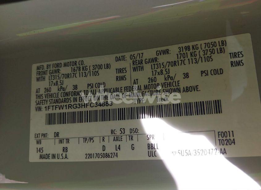 Photo 9 of 2017 Ford F-150 RAPTOR (VIN 1FTFW1RG3HFC34883)