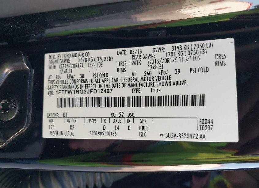 Photo 9 of 2018 Ford F-150 RAPTOR (VIN 1FTFW1RG3JFD12407)