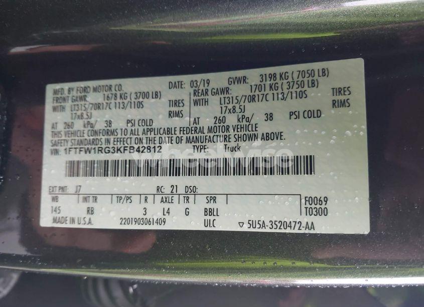 Photo 9 of 2019 Ford F-150 RAPTOR (VIN 1FTFW1RG3KFB42812)