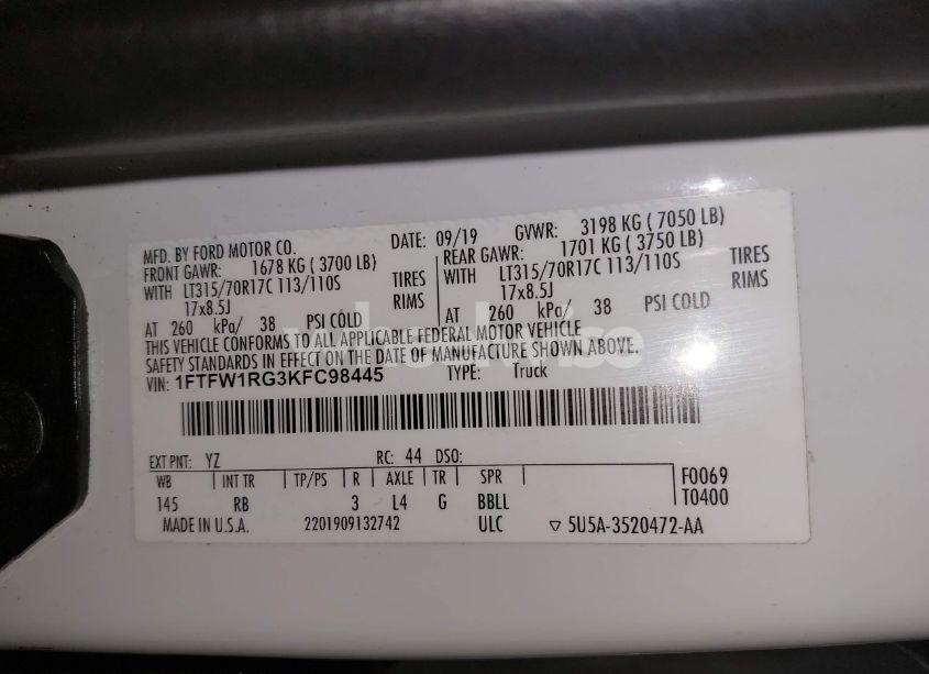 Photo 9 of 2019 Ford F-150 RAPTOR (VIN 1FTFW1RG3KFC98445)