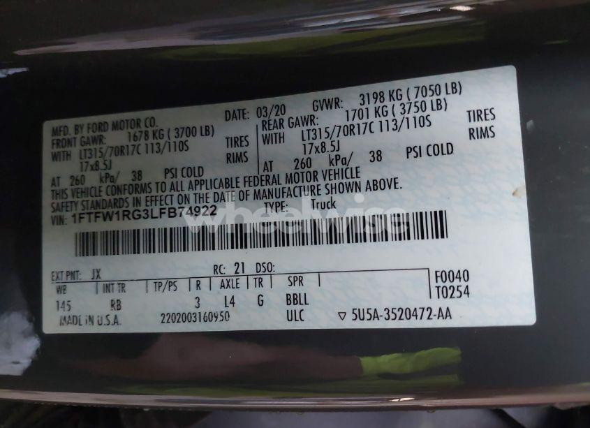 Photo 9 of 2020 Ford F-150 RAPTOR (VIN 1FTFW1RG3LFB74922)