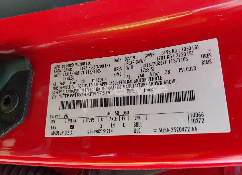 Photo 9 of 2019 Ford F-150 RAPTOR (VIN 1FTFW1RG4KFB17515)