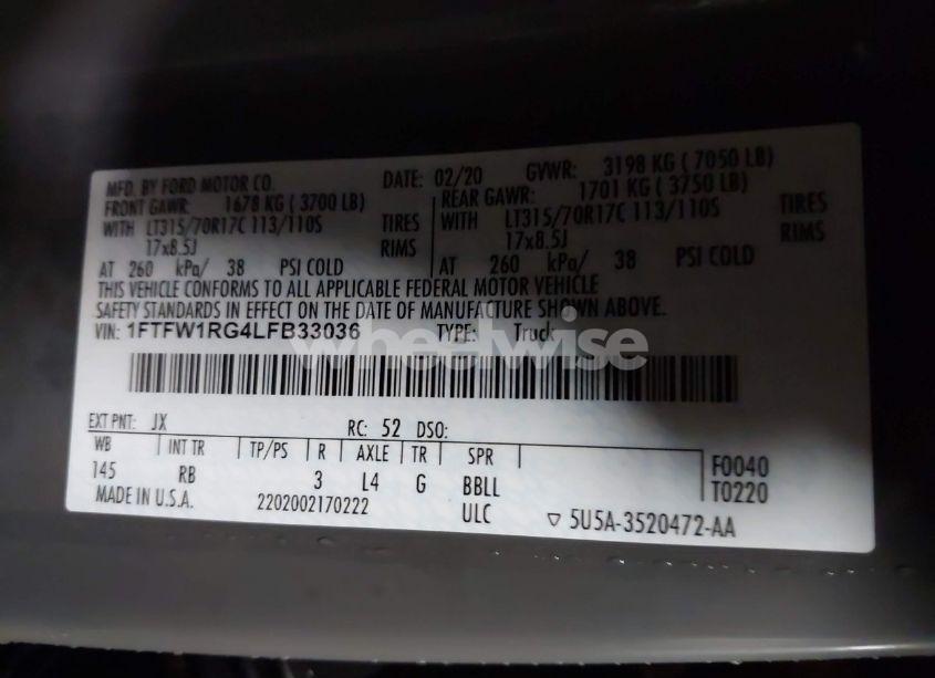 Photo 9 of 2020 Ford F-150 RAPTOR (VIN 1FTFW1RG4LFB33036)