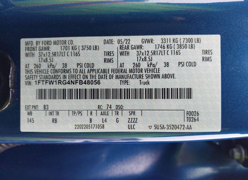 Photo 9 of 2022 Ford F-150 RAPTOR (VIN 1FTFW1RG4NFB48056)