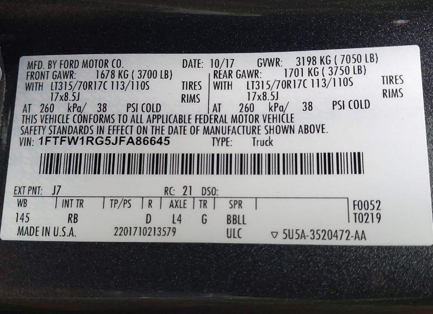 Photo 9 of 2018 Ford F-150 RAPTOR (VIN 1FTFW1RG5JFA86645)