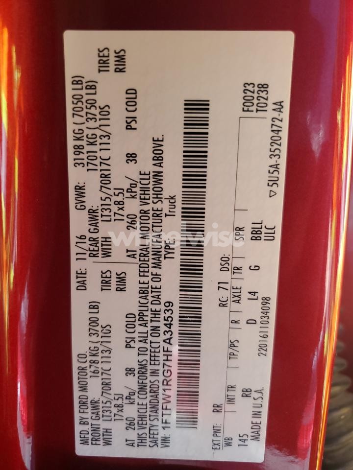 Photo 14 of 2017 FORD F150 RAPTOR N/A (VIN 1FTFW1RG7HFA34539)