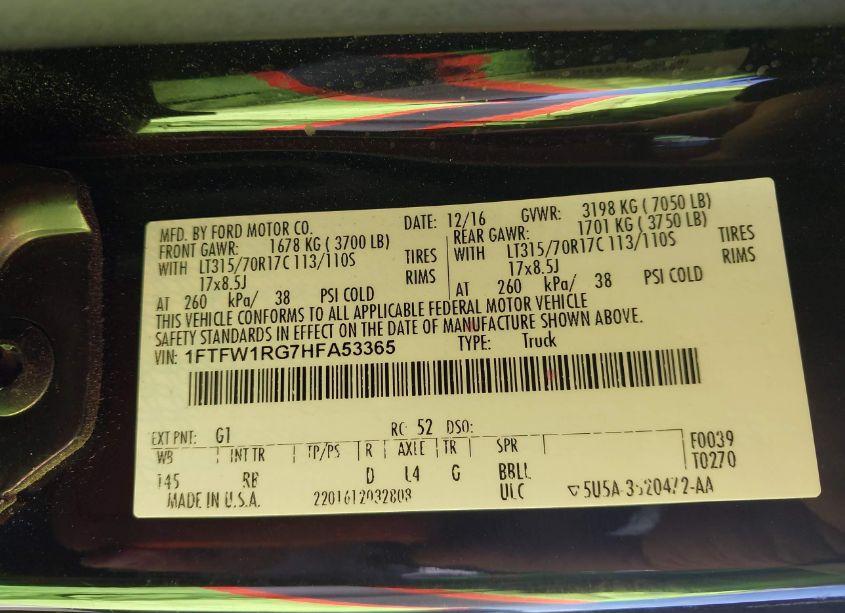 Photo 9 of 2017 Ford F-150 RAPTOR (VIN 1FTFW1RG7HFA53365)