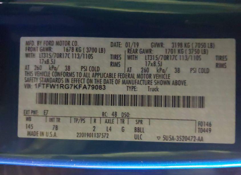 Photo 9 of 2019 Ford F-150 RAPTOR (VIN 1FTFW1RG7KFA79083)