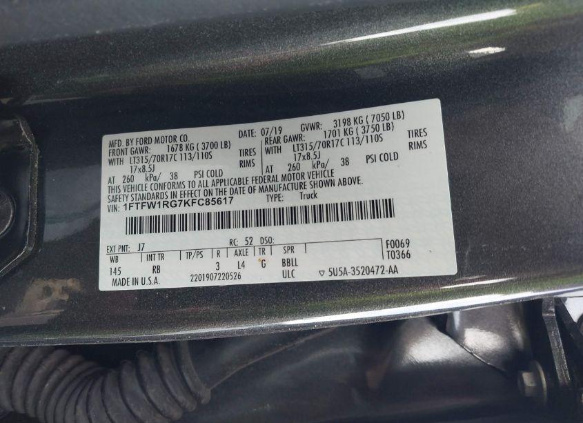 Photo 9 of 2019 Ford F-150 RAPTOR (VIN 1FTFW1RG7KFC85617)