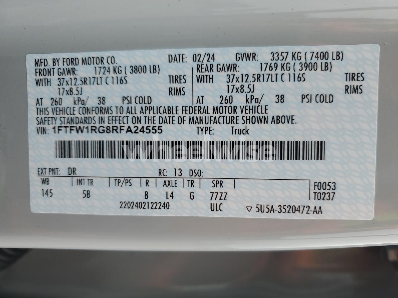 Photo 12 of 2024 FORD F150 RAPTOR (VIN 1FTFW1RG8RFA24555)