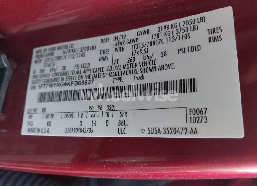 Photo 9 of 2019 Ford F-150 RAPTOR (VIN 1FTFW1RG9KFB68637)