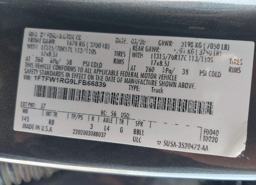 Photo 9 of 2020 Ford F-150 RAPTOR (VIN 1FTFW1RG9LFB66839)