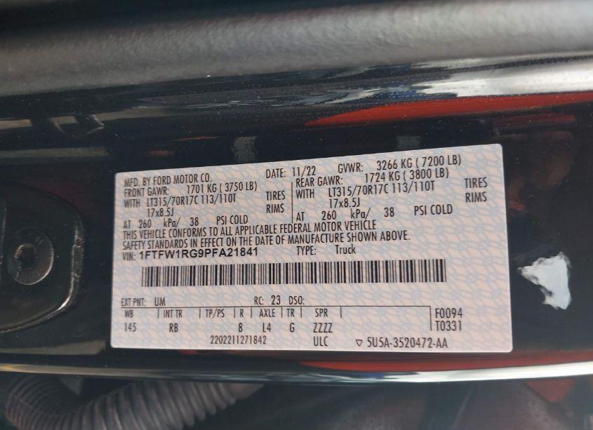 Photo 9 of 2023 Ford F-150 RAPTOR (VIN 1FTFW1RG9PFA21841)
